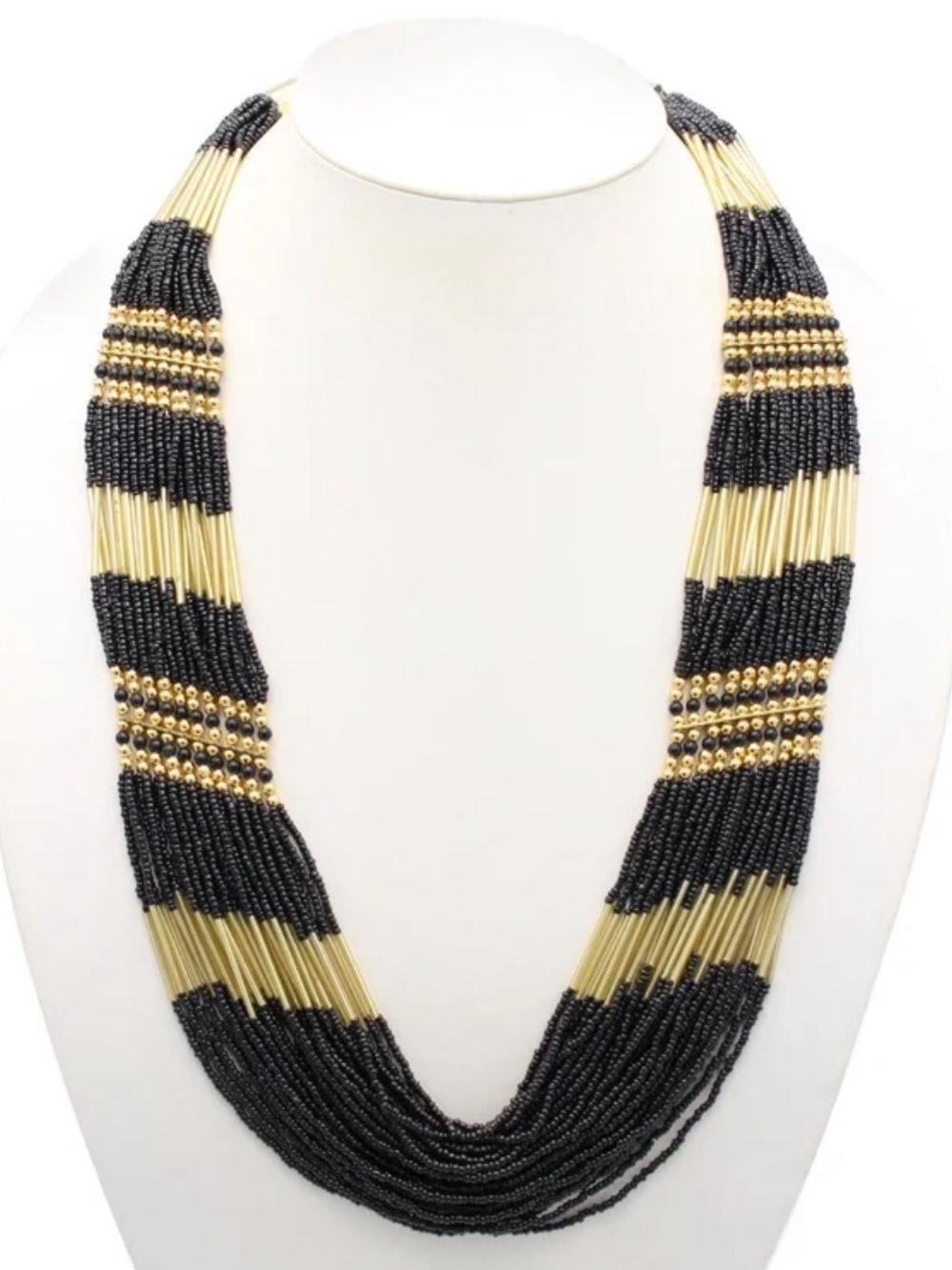 Multi-Strand Black and Gold Beaded Statement Necklace